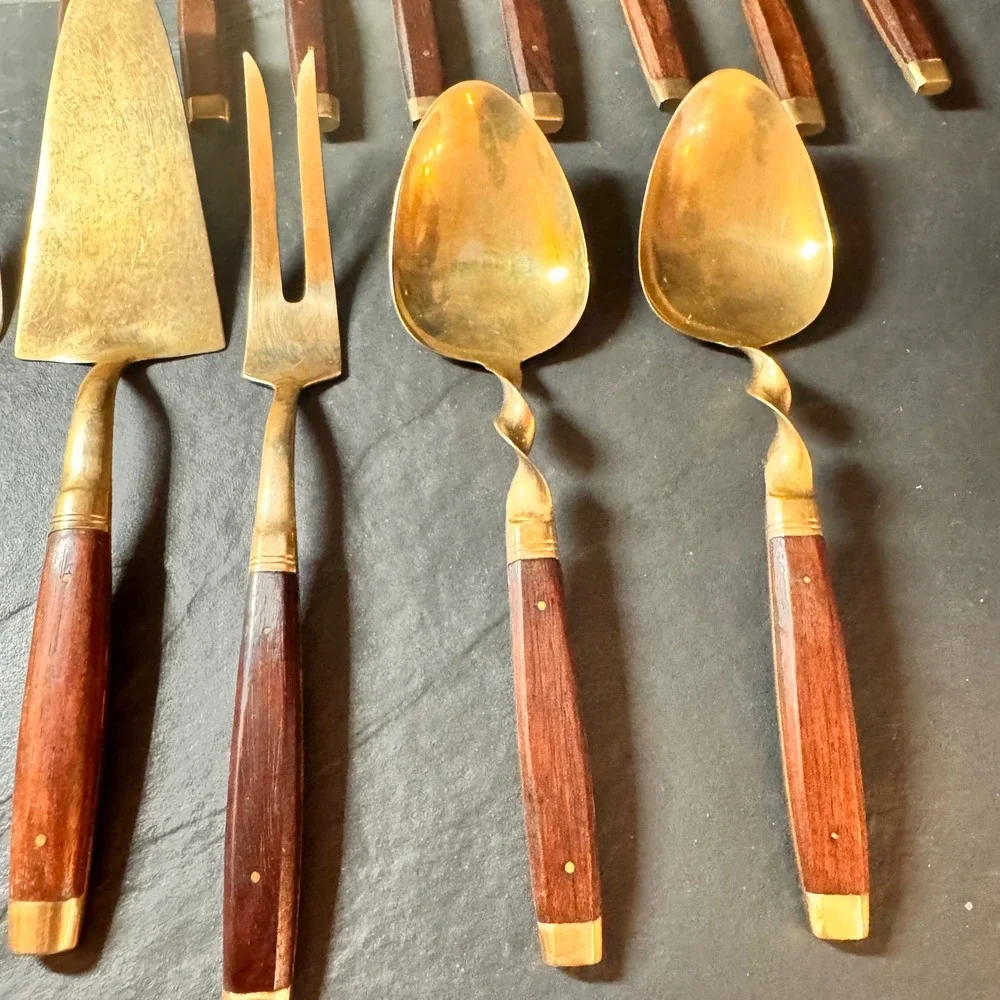 Vintage MCM Luxury Gold Tone Cutlery Rosewood Handles Serving Utensils 29pc‎ Set